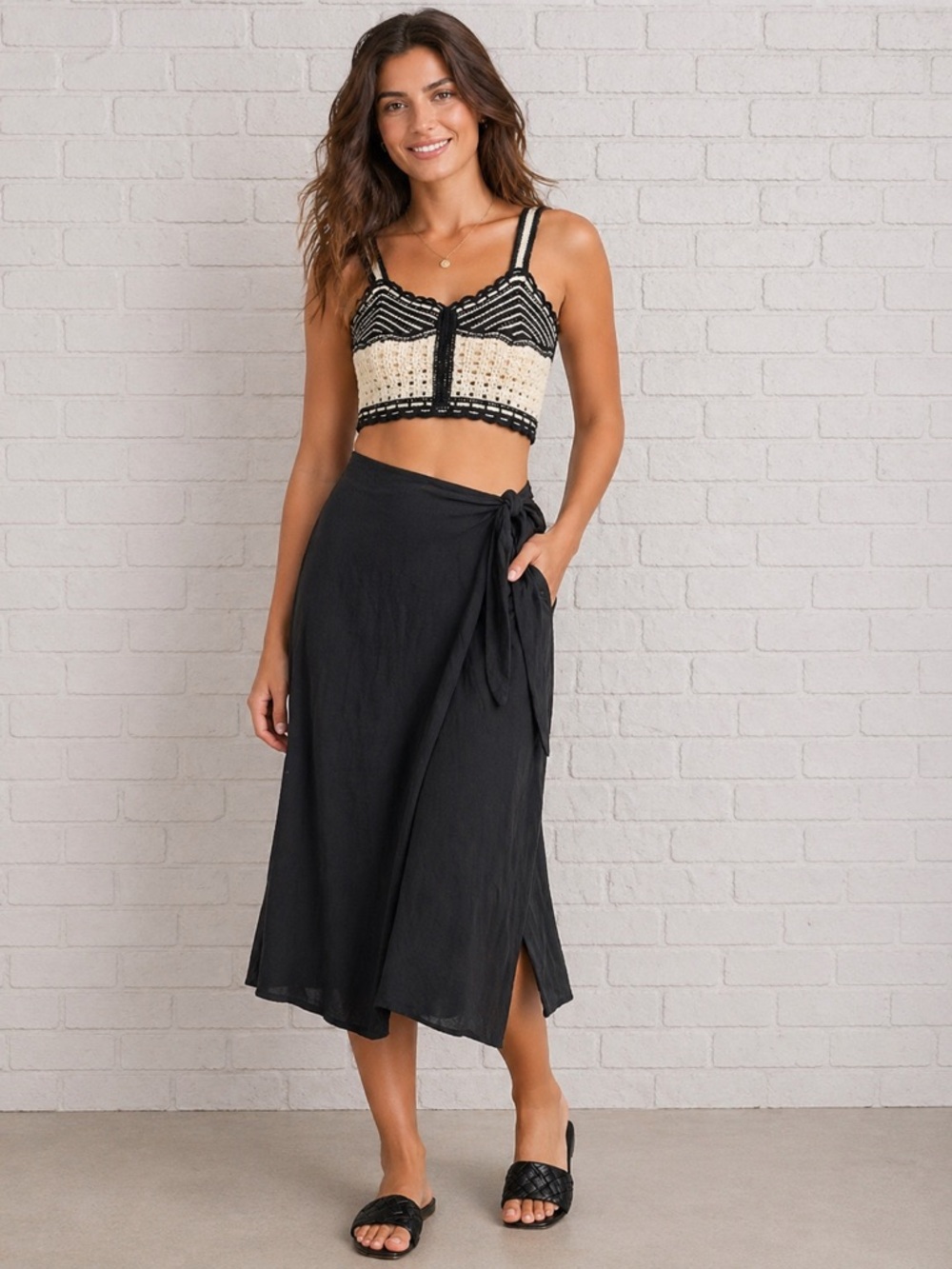 Jason Wu Black Linen long straight Skirt Knit Tank Crop top 2 piece Size 10. NEW